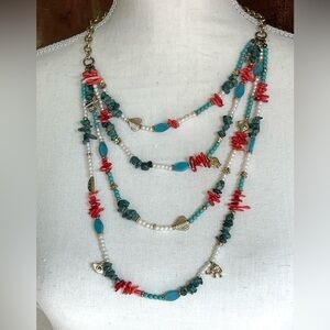 Coral and Turquoise  Faux Pearl Beads Necklace 4 layers of gold animal charms